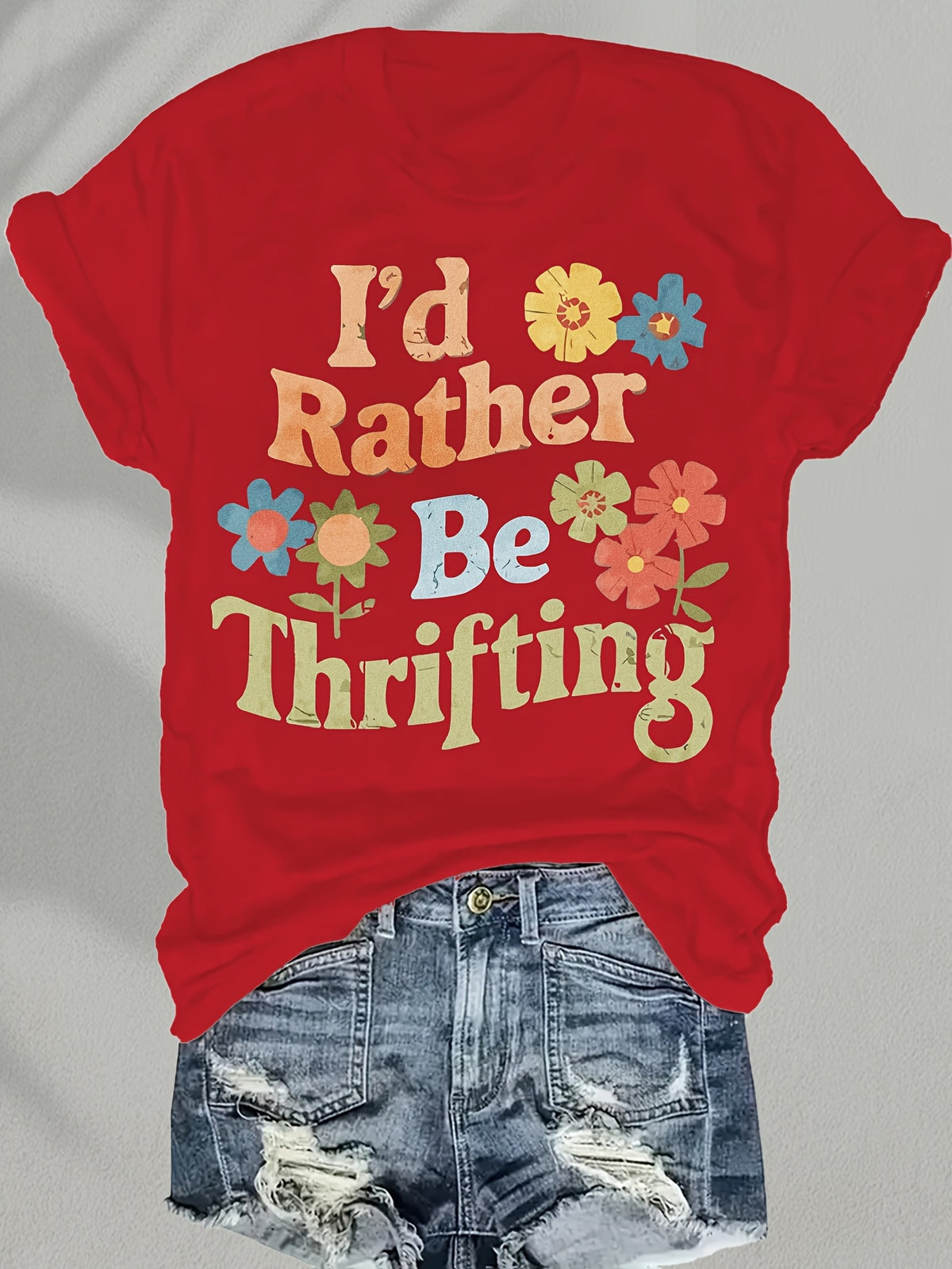 Women's 'I'd Rather Be Thrifting' Graphic Tee Vintage Crew Neck Short Sleeve Casual T-Shirt Navy Red S-XXL