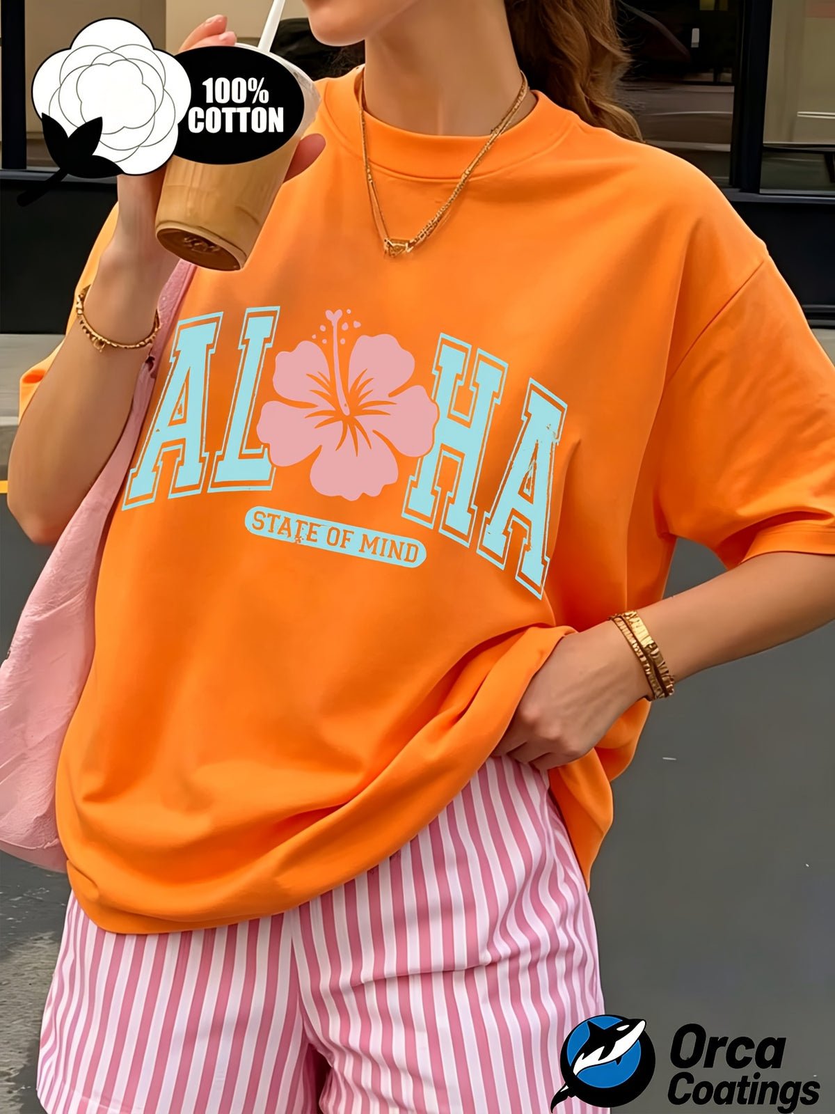 Women's Aloha Hibiscus Graphic Print T-Shirt 100% Cotton Crew Neck Short Sleeve Summer Beach Casual Tee