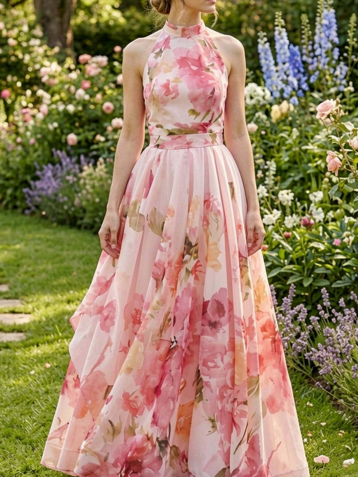 Halter Neck Floral Maxi Dress Women Boho Tie Waist Flowy Gown Wedding Vacation Spring Summer Pink Watercolor Print Elegant French Bohemian