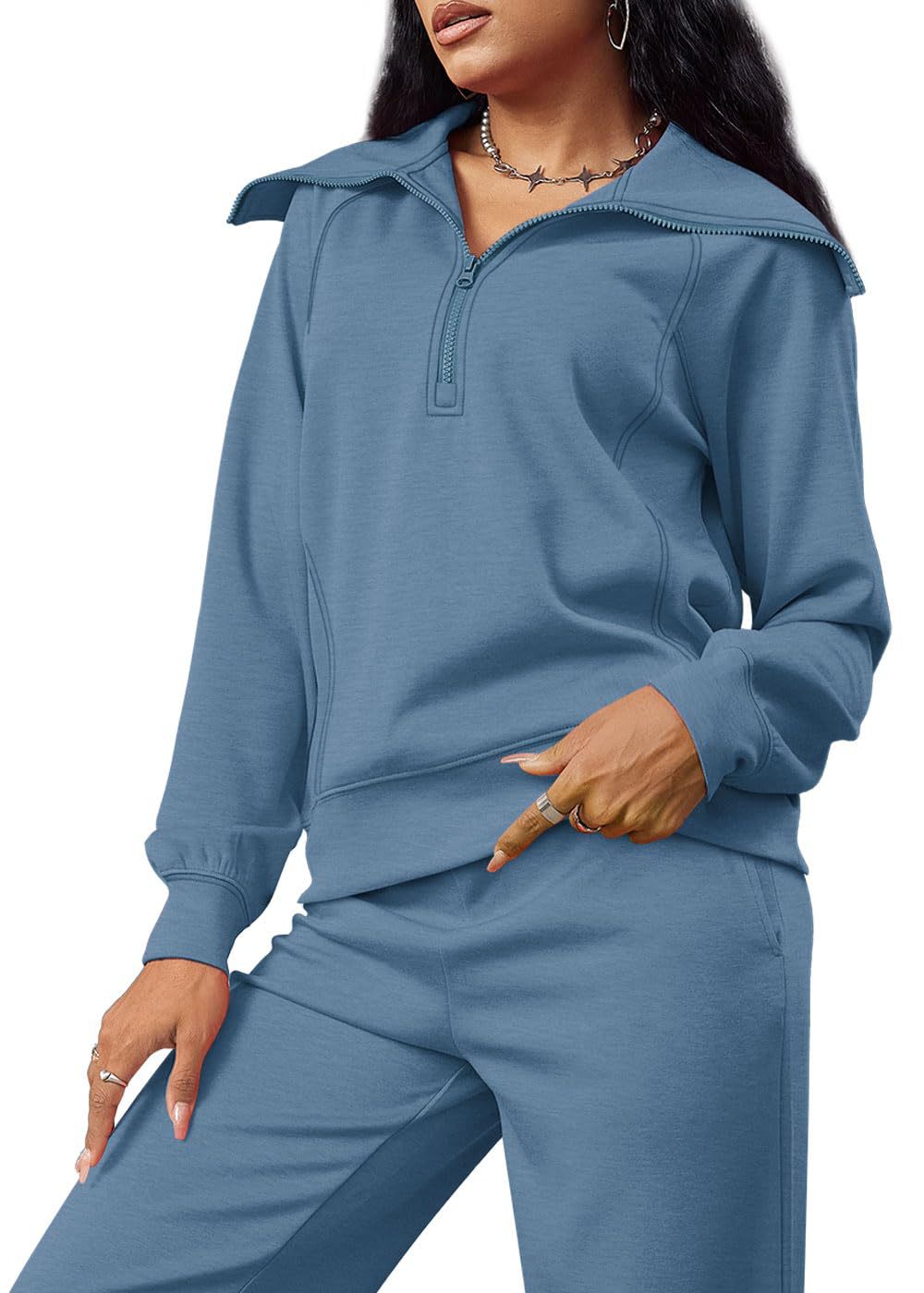 Zipper Sweatshirt Wide-Leg Pants 2 Piece Set Women Casual Tracksuit Outfit for Spring Fall - Loose Fit Jogger Co-ord Set