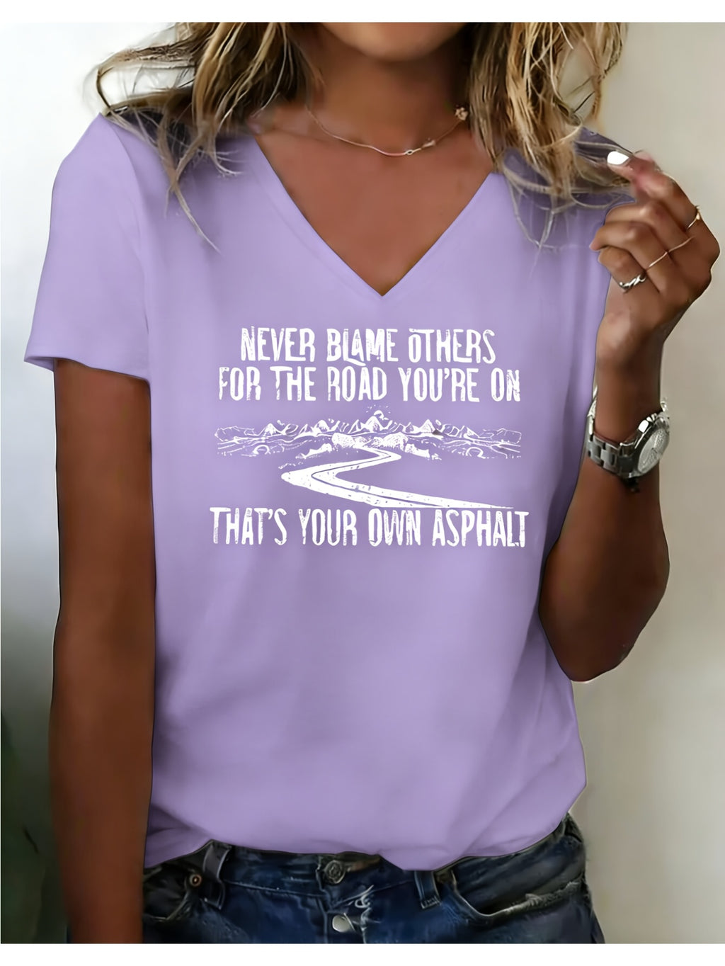 Women's V-Neck Short Sleeve Inspirational Print T-Shirt "Never Blame Others" Casual Breathable Top Multi-Color S-XXL