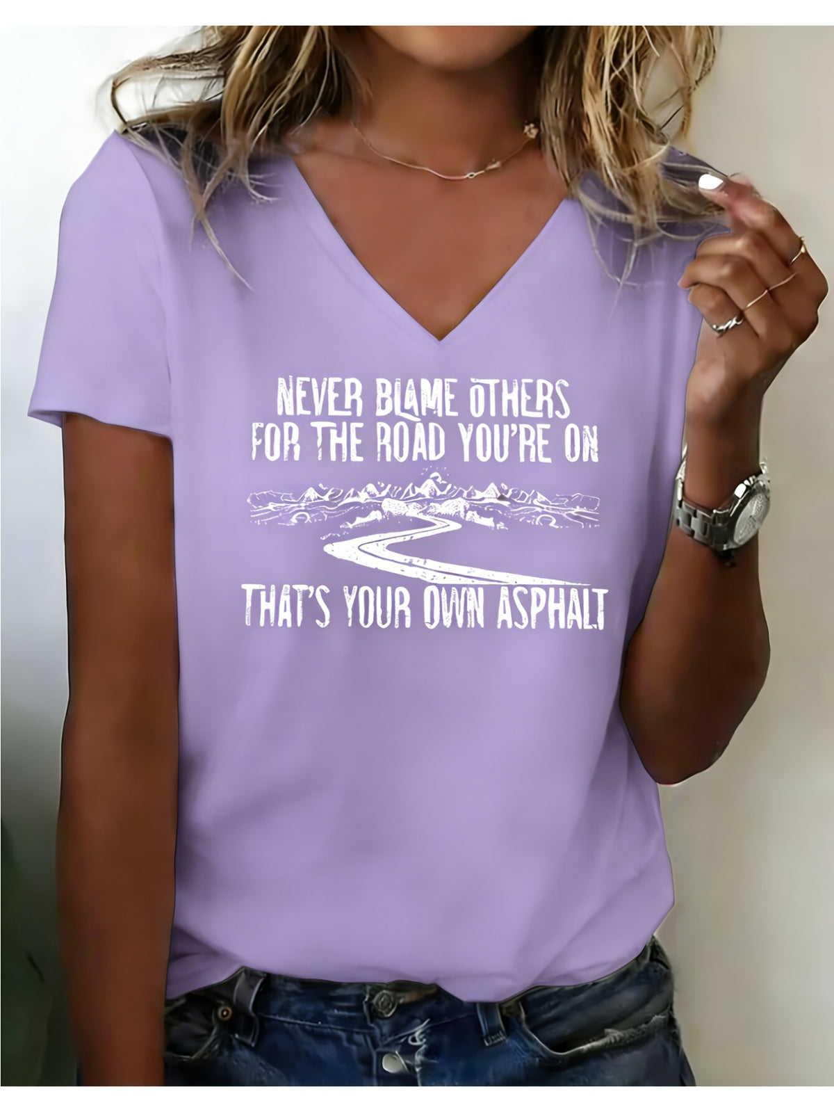 Women's V-Neck Short Sleeve Inspirational Print T-Shirt "Never Blame Others" Casual Breathable Top Multi-Color S-XXL