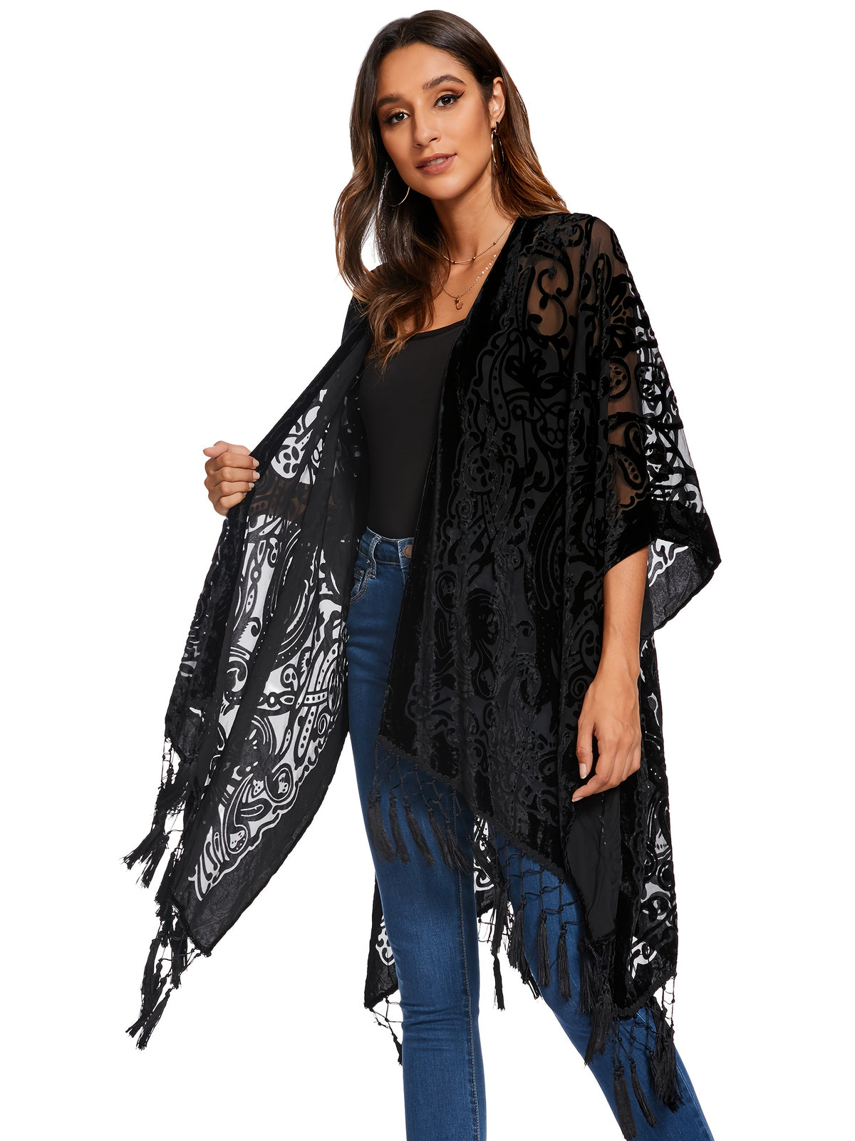 Boho Burnout Velvet Kimono Women Long Cardigan Cover Up Tassel Floral Embroidered One Size
