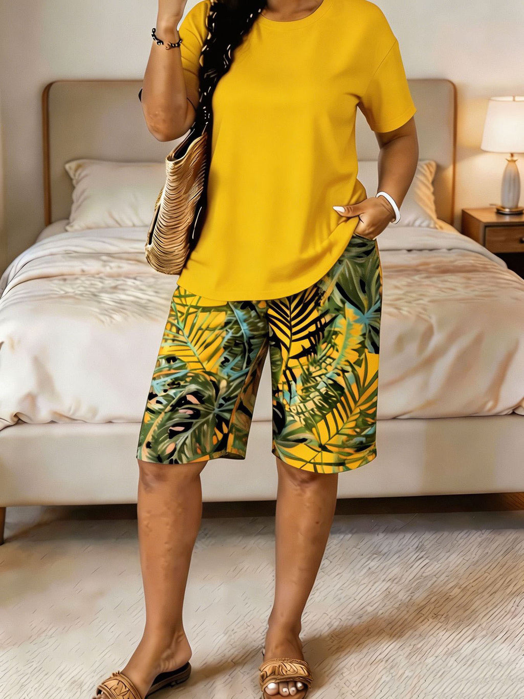 Tropical Banana Leaf Print Two-Piece Loungewear Set Short Sleeve Top & Shorts Women Summer Outfit