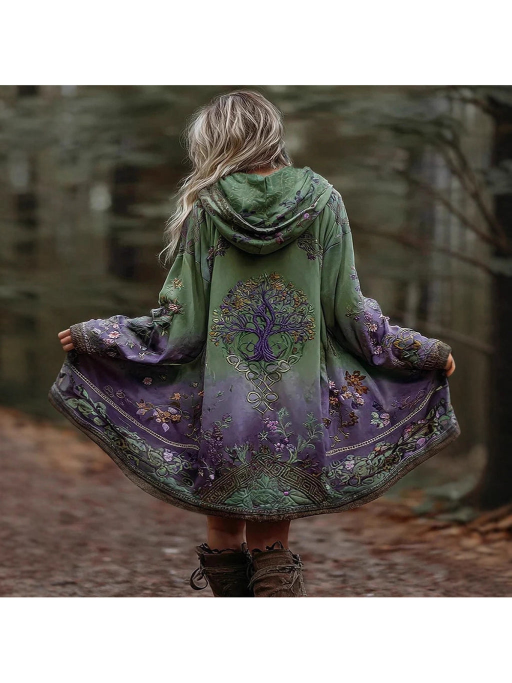 Bohemian Tree of Life Gradient Cardigan Women Hooded Oversized Printed Coat Boho Forest Vacation Photoshoot S-XXL