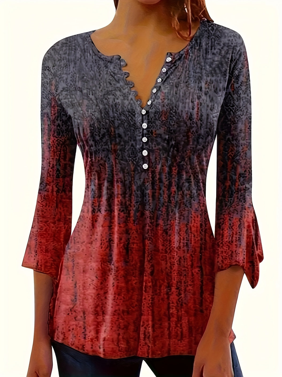 Ethnic Graphic Print T-Shirt Women Vintage Button Front Crew Neck Casual Boho Tee Spring Summer S-XXL