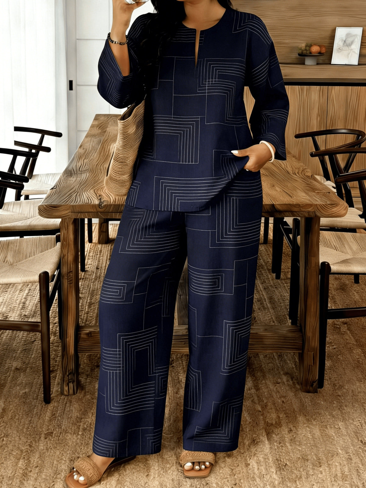Women's 2-Piece Casual Suit Set V-Neck Loose Fit Top & Casual Pants Daily Wear Matching Outfit