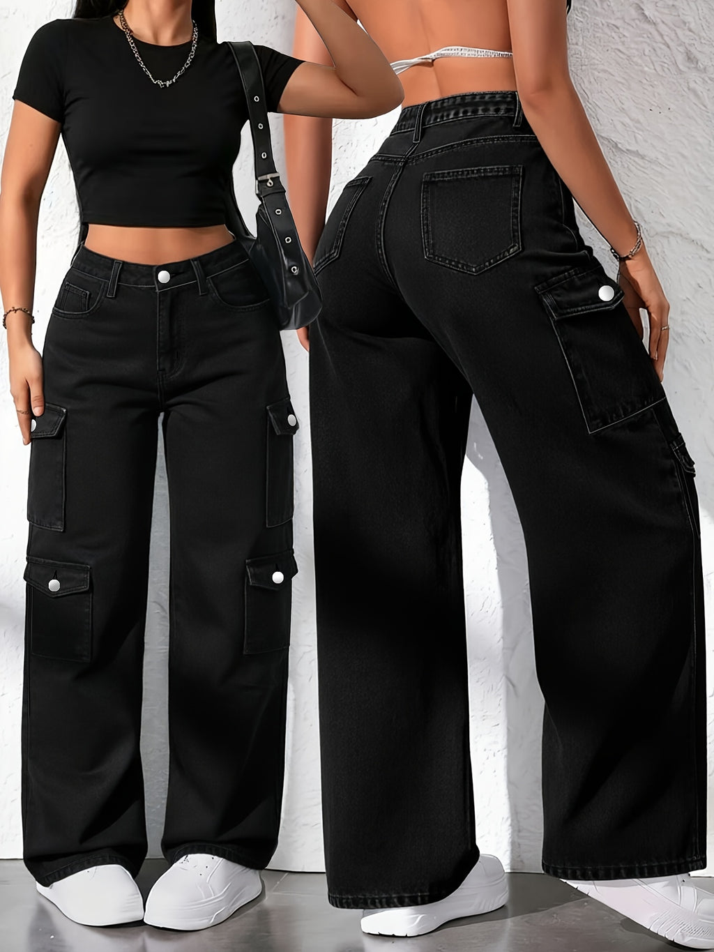 High Waisted Loose Straight Leg Cargo Jeans for Women Plus Size Multi-Pocket Wide Leg Denim Trousers Light Blue Black Casual Streetwear