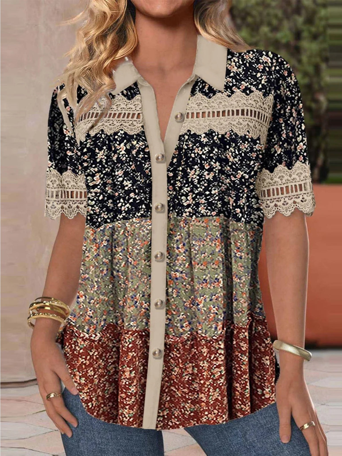 Printed Cardigan Blouse Women Shirt Collar Short Sleeve Casual Regular Fit Daily Commute Campus Dating Top S M L XL XXL