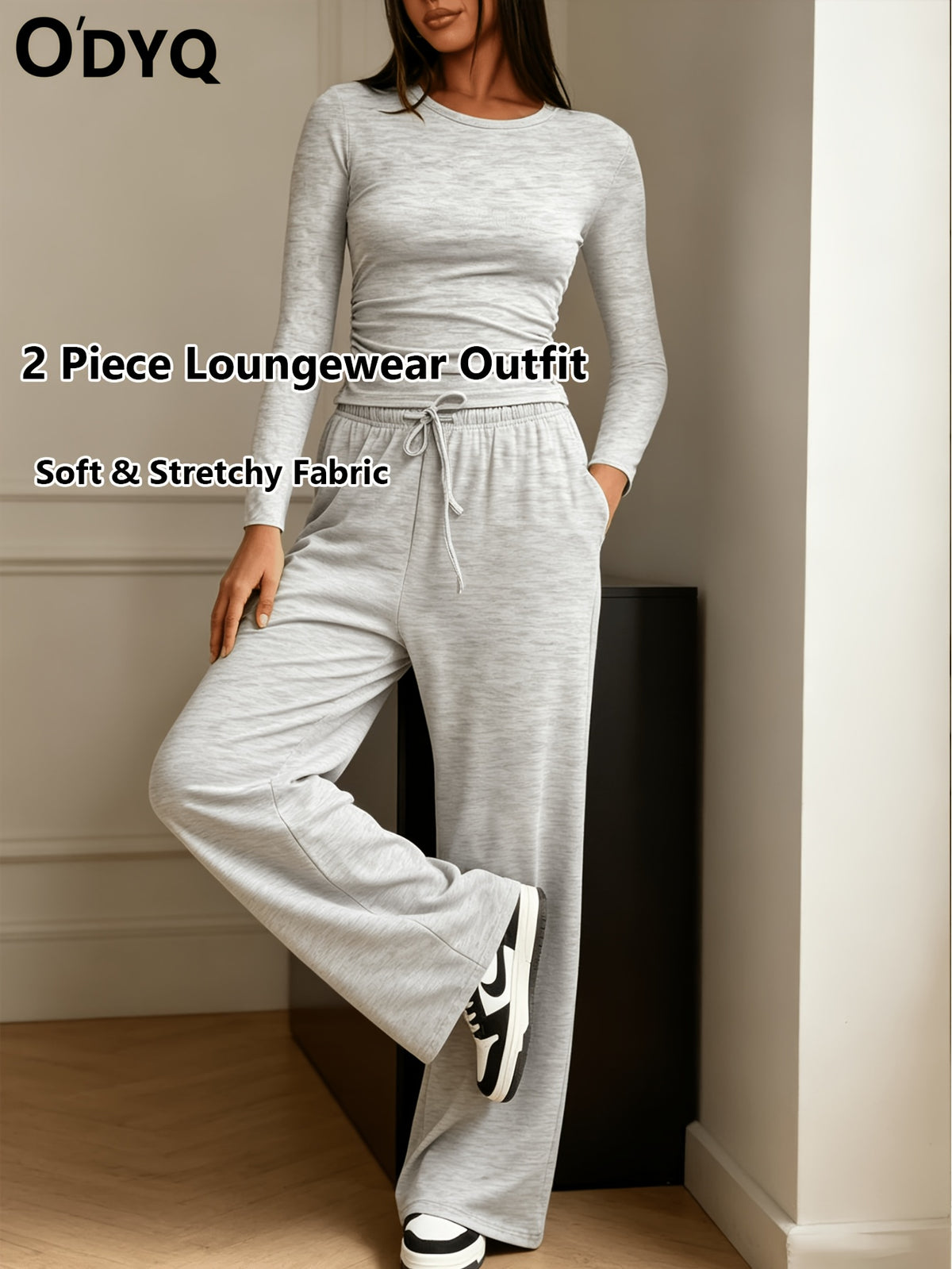 Women's 2 Piece Loungewear Set Casual Long Sleeve Top & High Waist Wide Leg Pants Sweatsuit Matching Outfit