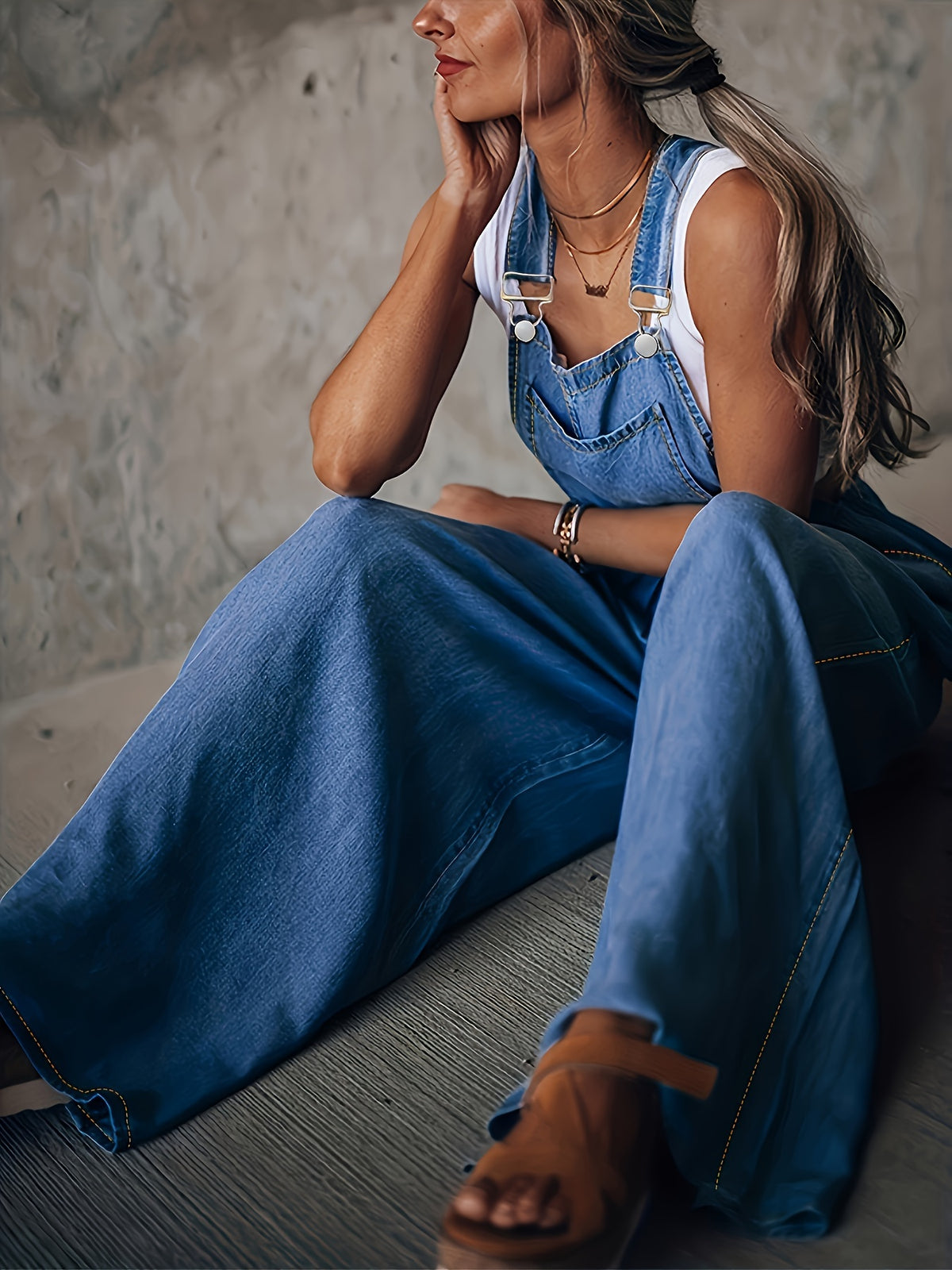 Women's Wide-Leg Denim Overall Pants Adjustable Shoulder Straps Large Pockets Loose Casual S-XXL