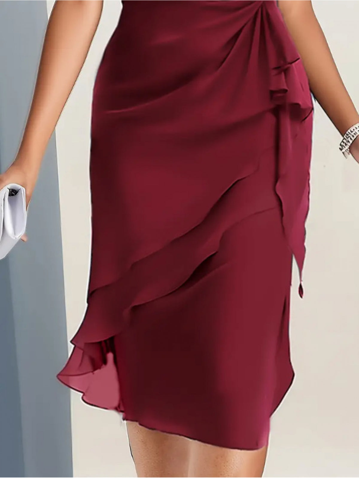 Chiffon Patchwork Dress for Women Slim Fit Round Neck Waist Twist Asymmetrical Ruffle Hem Wedding Guest Evening Party