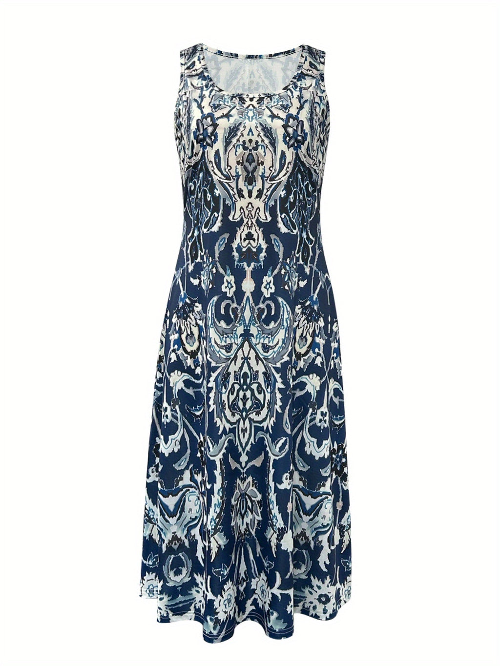 Floral Print Square Neck Midi Dress for Women – Vacation Summer Casual Geometric Pattern Stretchy Dress