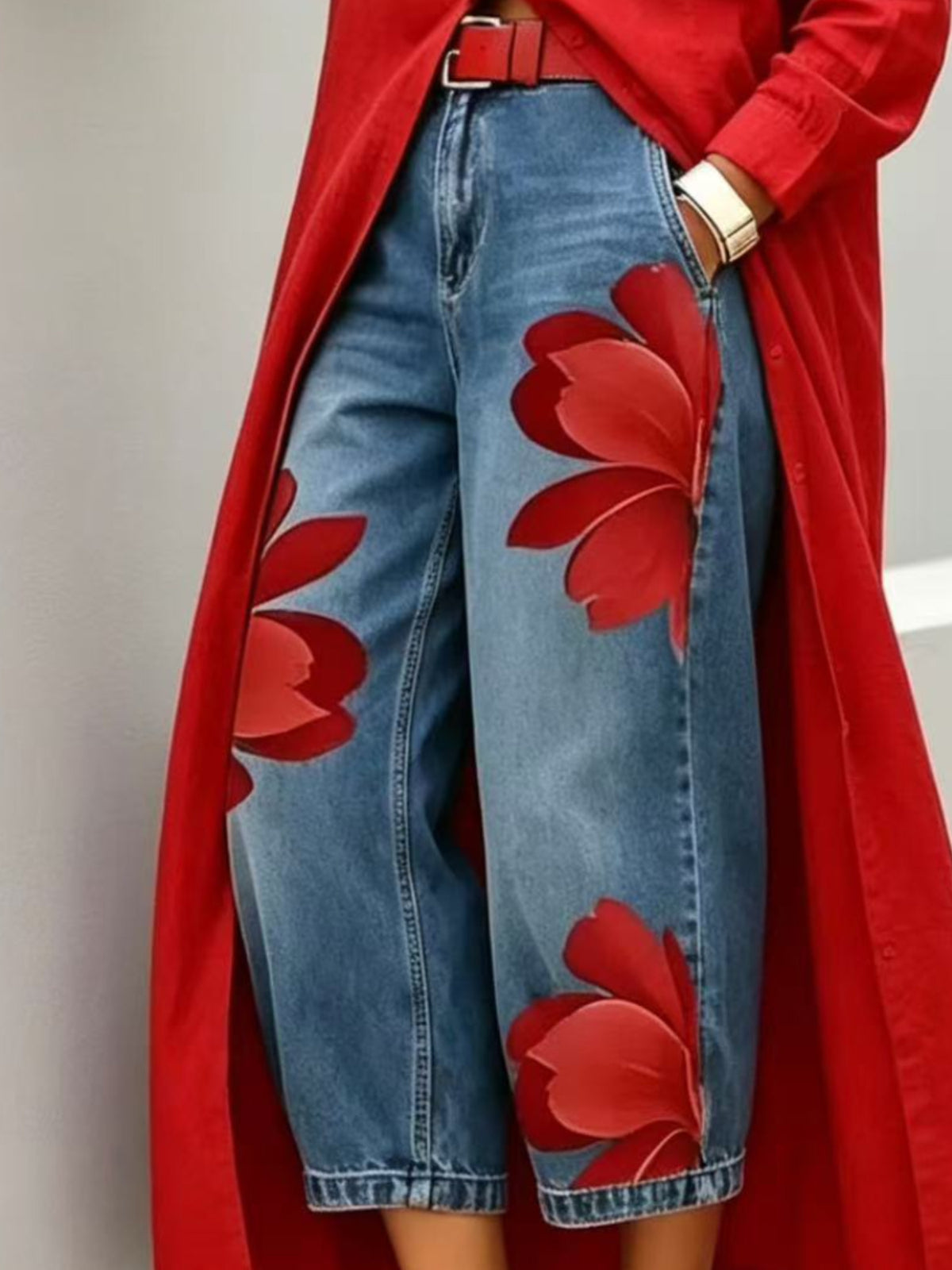 Floral Print Denim Wide Leg Pants Women Loose Fit Summer Casual Comfortable Boho Beach Trousers S-XXL