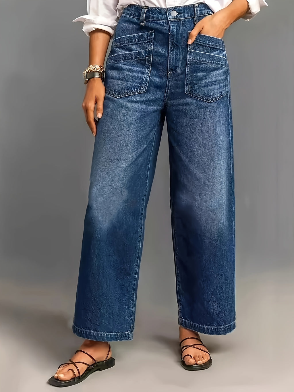 Wide-Leg Jeans Women High Waist Vintage Wash Relaxed Fit Cargo Pocket Loose Denim Trousers Casual Streetwear Y2K Style