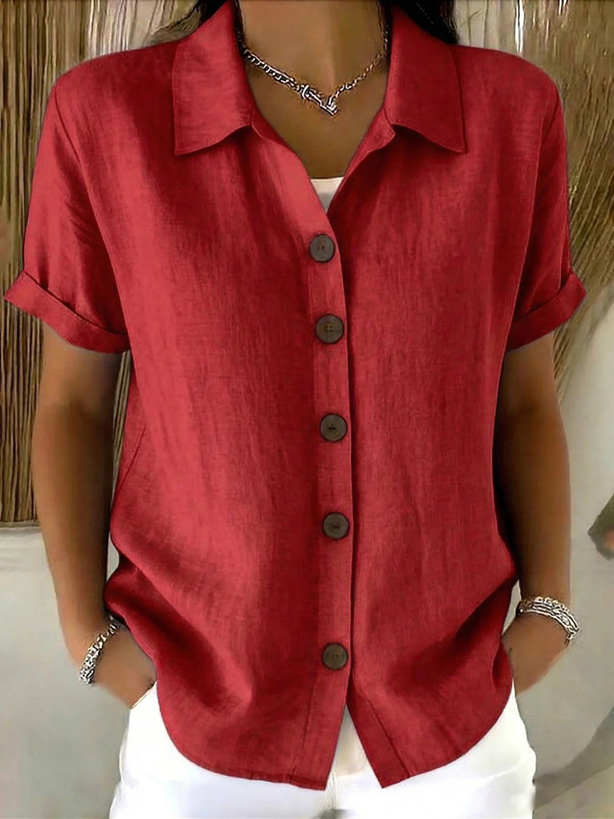 Button-Up Shirt Women Short Sleeve V-Neck Collar Blouse Business Casual Elegant Office Work Top S-XXL