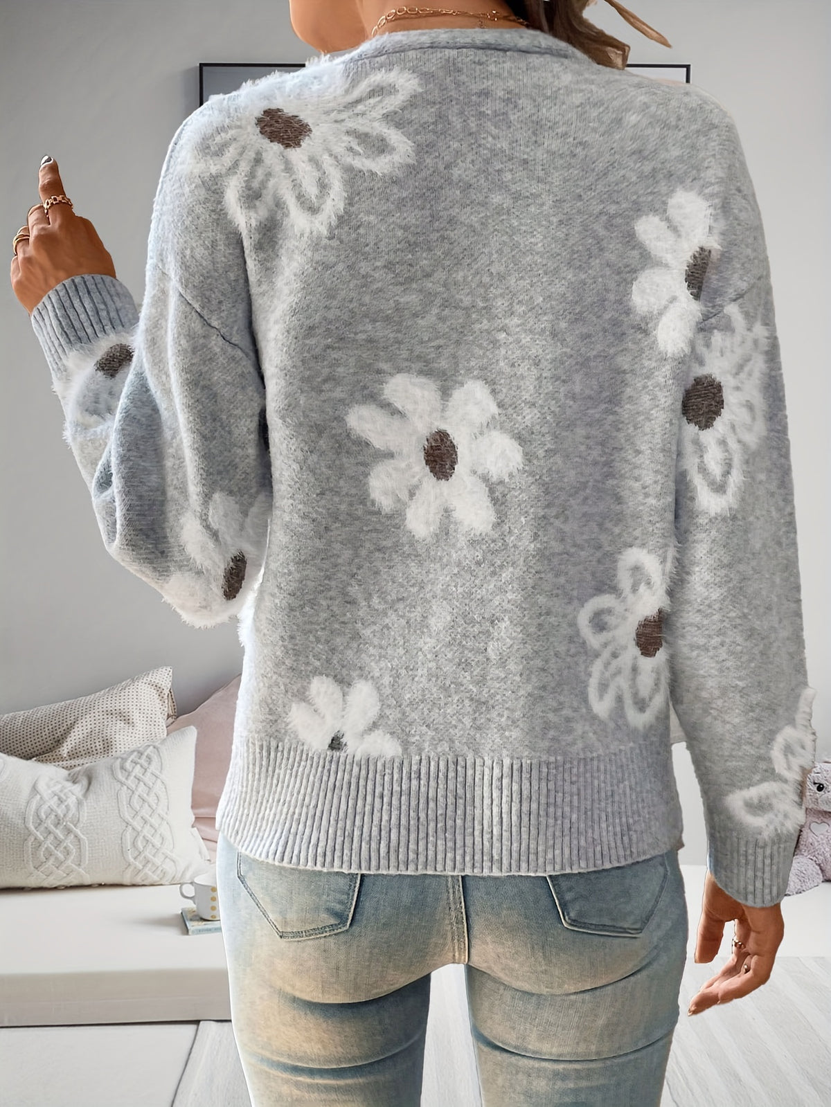 Women Floral Print Button Front Cardigan V Neck Long Sleeve Knitted Sweater Open Front Casual Spring Fall Boho Lightweight Knit Top