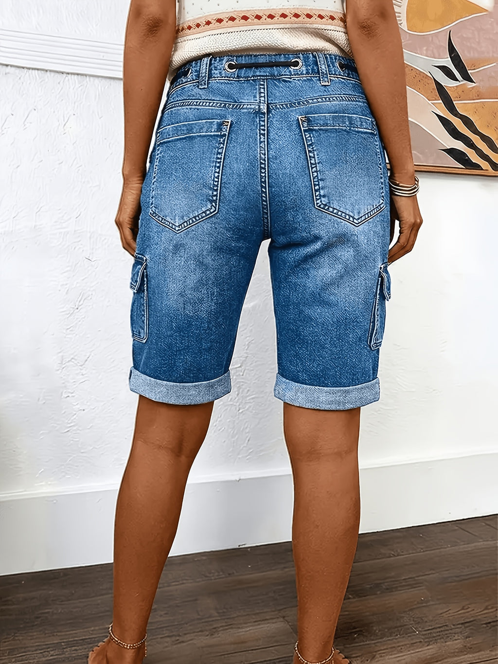 Denim Cargo Shorts for Women - Distressed Faded Mid Rise Relaxed Fit, Large Side Pockets Bell Bottom Hem Machine Washable, Casual Spring Summer Outdoor Jean Shorts
