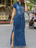 Slim Fit Stretch Denim Dress Women High Waist Front Button Slit Short Sleeve Casual Fashion Flattering Height S-XXL
