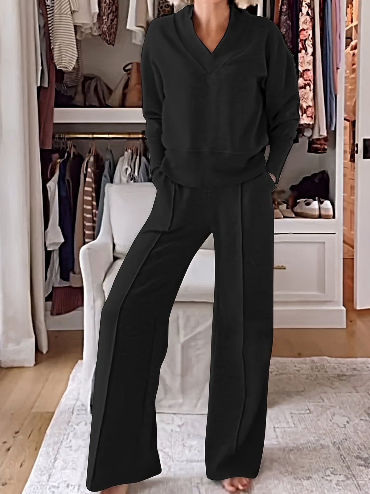Women's 2 Piece Set V-Neck Long Sleeve Loose Top and Wide Leg Pants Casual Elegant Matching Outfit Spring Fall Fashion