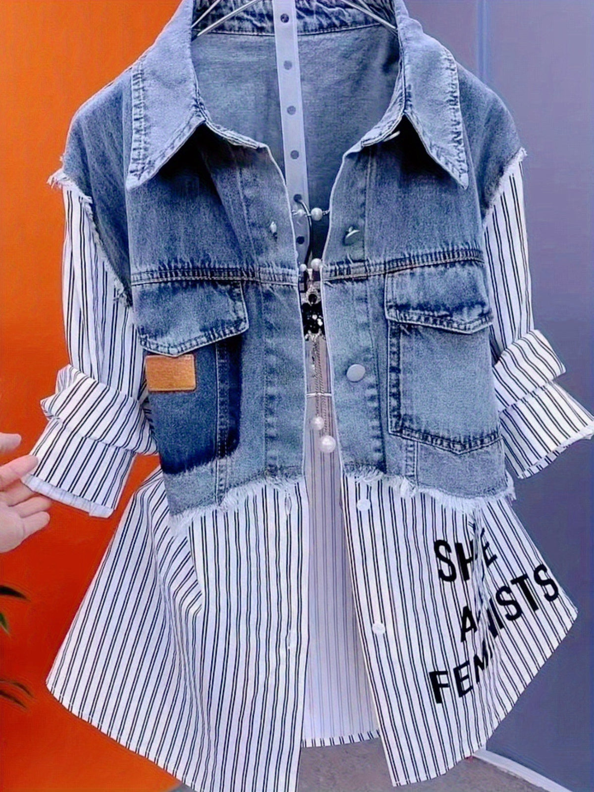 Denim Patchwork Crop Shirt Women Letter Print Blouse Striped Accents Spring Casual Top