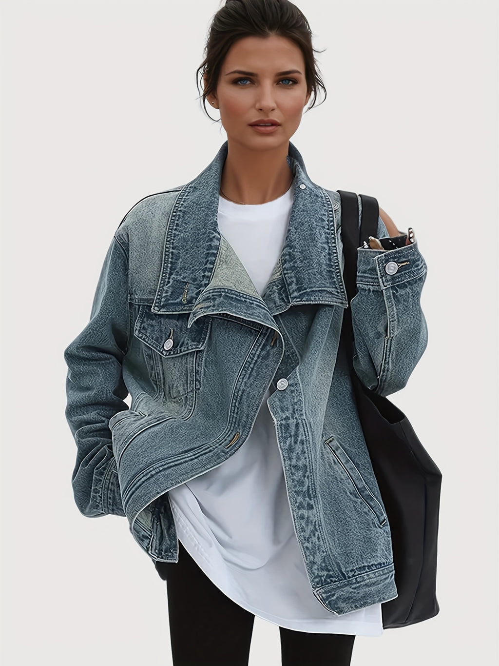 Vintage Washed High Neck Asymmetric Button Denim Jacket Women Loose Fit Drop Shoulder Streetwear Coat Light Blue Spring Fall S-XXL