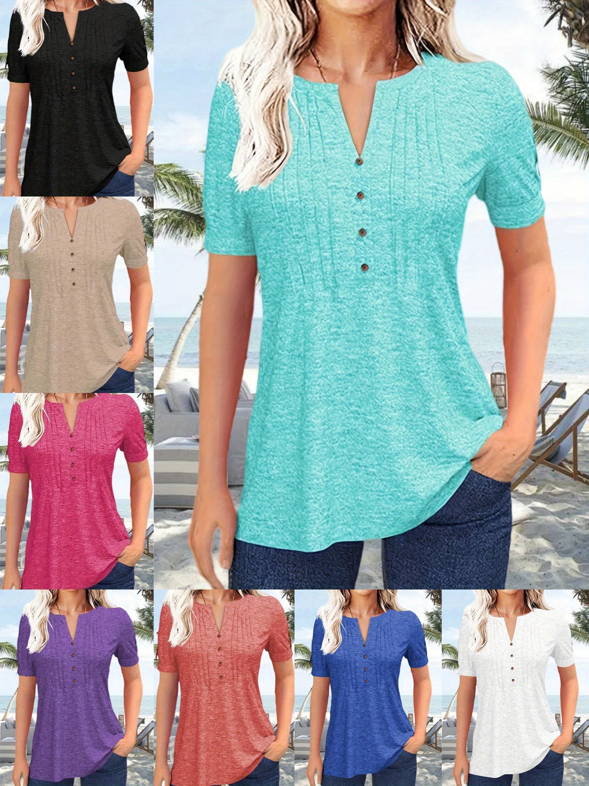 V-Neck Pleated Blouse Women Short Sleeve Button-Up Solid Color Summer Casual Flowy Top S-XL