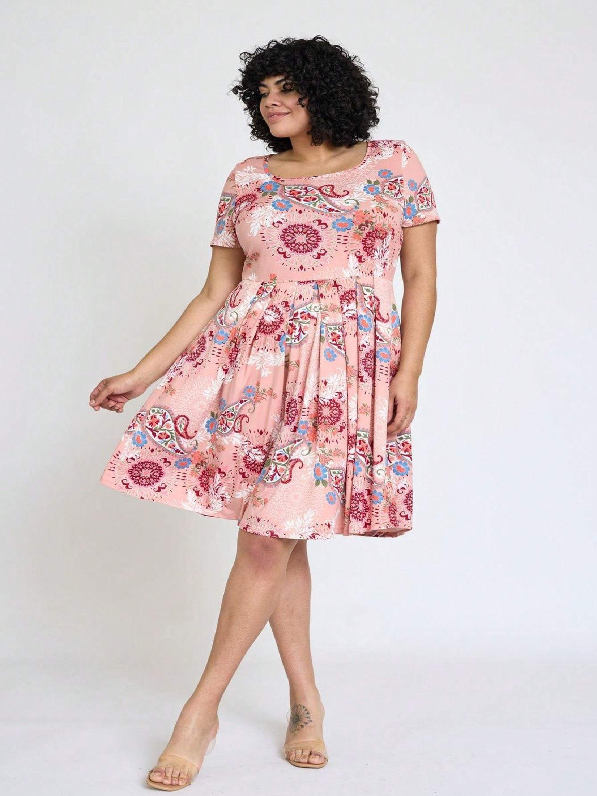 Paisley Floral Swing Dress Women Chevron Stripe Patchwork Pleated Square Neck Elastic Waist Midi Casual Plus Size S-3X