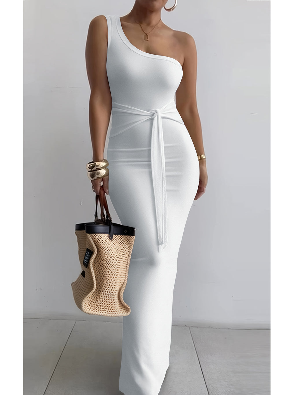 One Shoulder Long Dress Women Pencil Fit Drawstring Waist Sexy Knit Bodycon Maxi Dress Summer Party Dress S-XXL