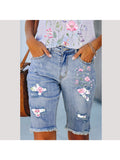 Floral Patchwork Ripped Denim Shorts for Women - Embroidered Distressed Bermuda Frayed Hem Boho Style, Stretchy Vintage Washed Mid-Thigh Jean Shorts for Beach Vacation