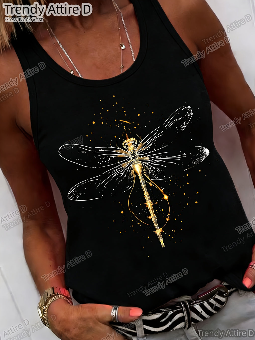 Retro Dragonfly Print Crew Neck Short Sleeve Top Women Casual Loose Fit Tee Multi-Color All Season S-XXL