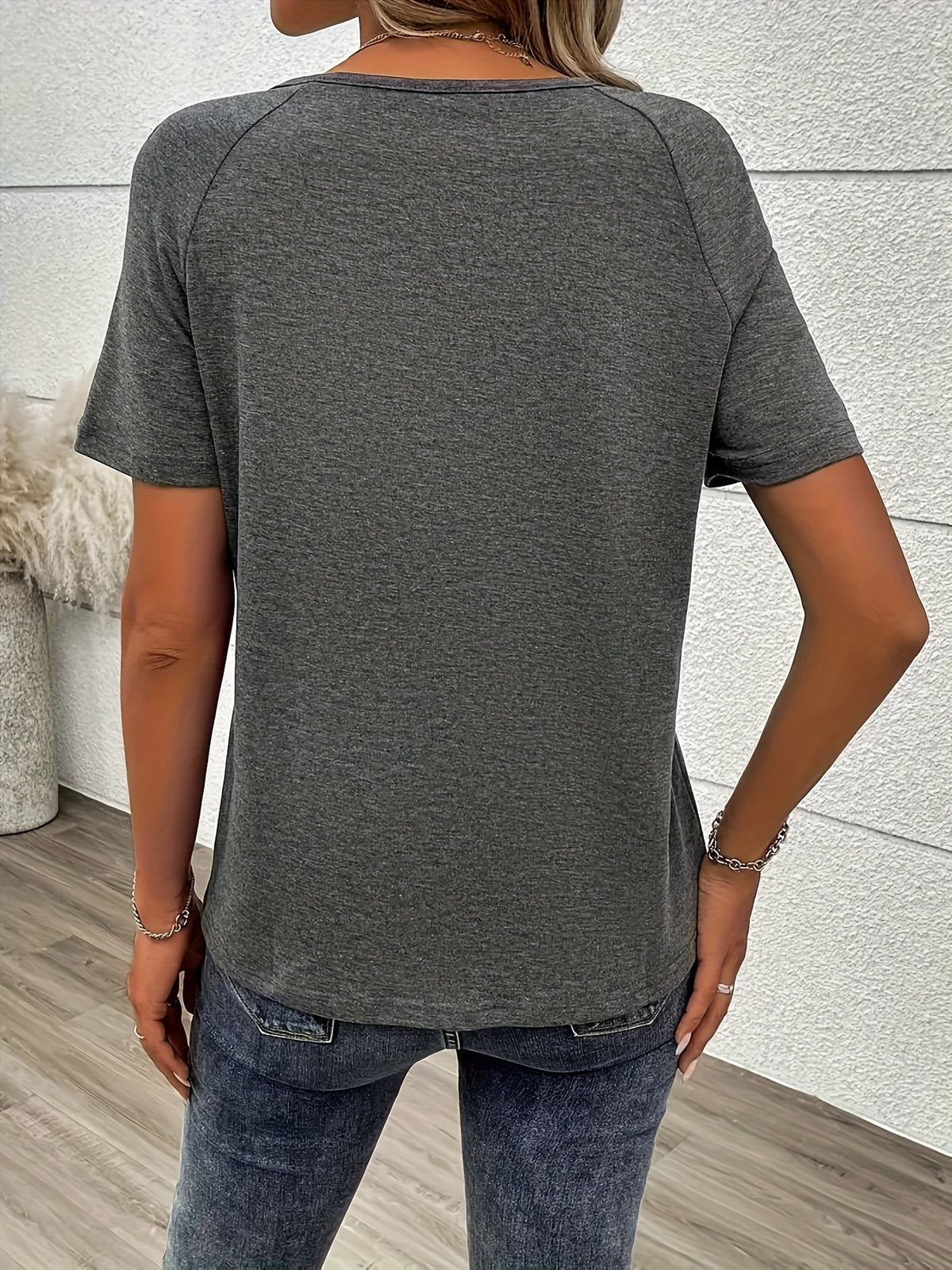 Letter Print V-Neck Zip T-Shirt Women Grey Casual Polyester Everyday Top S-XXL