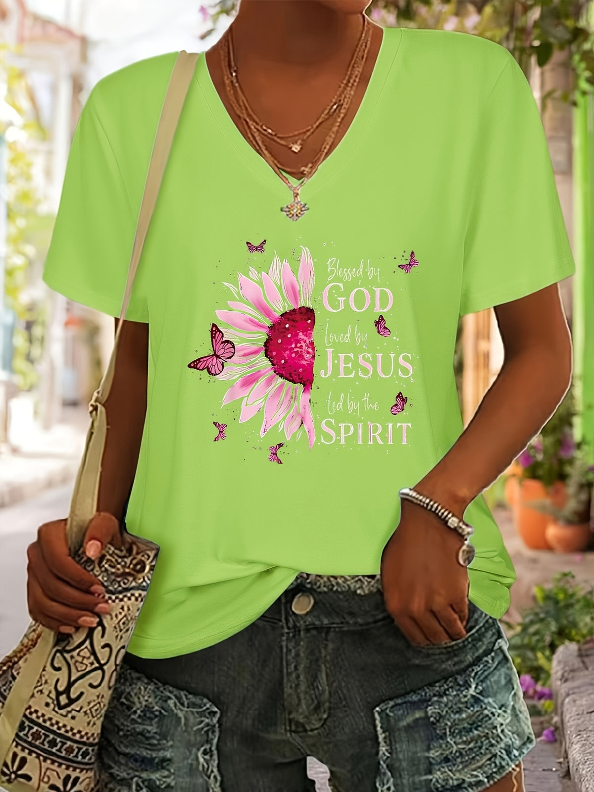 Printed V-Neck T-Shirt Women Casual Short Sleeve Summer Top 5 Colors S-XXL
