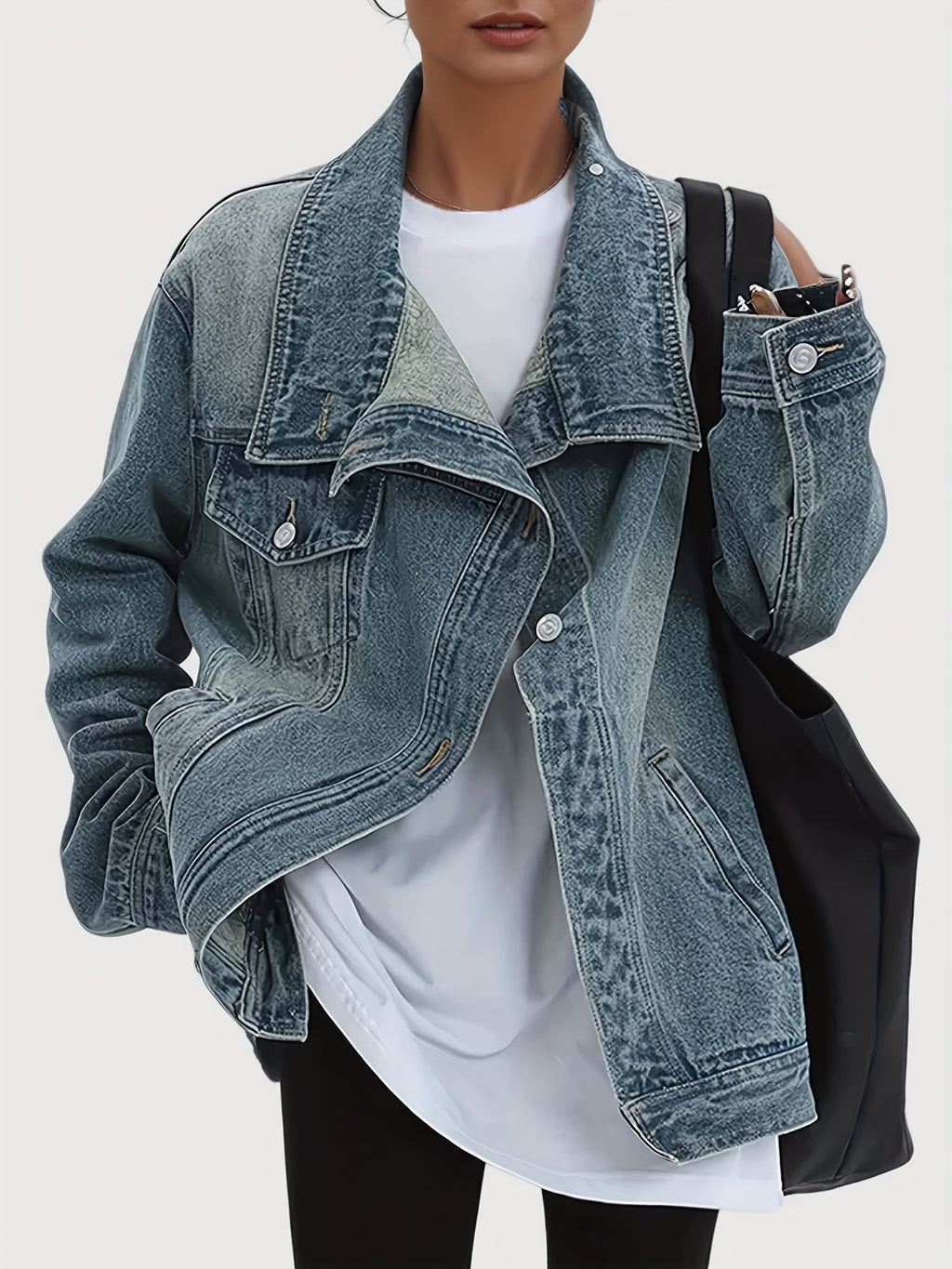 Loose Fit Jean Jacket Women Asymmetric Slant Placket Multi Pocket Vintage Blue Streetwear Long Sleeve Denim Coat Fall Winter