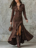 Retro Brown Irregular Ruffled Collar Long Dress with Slit | Lapel Asymmetric Hem Long Sleeve Elegant All-Season Dress