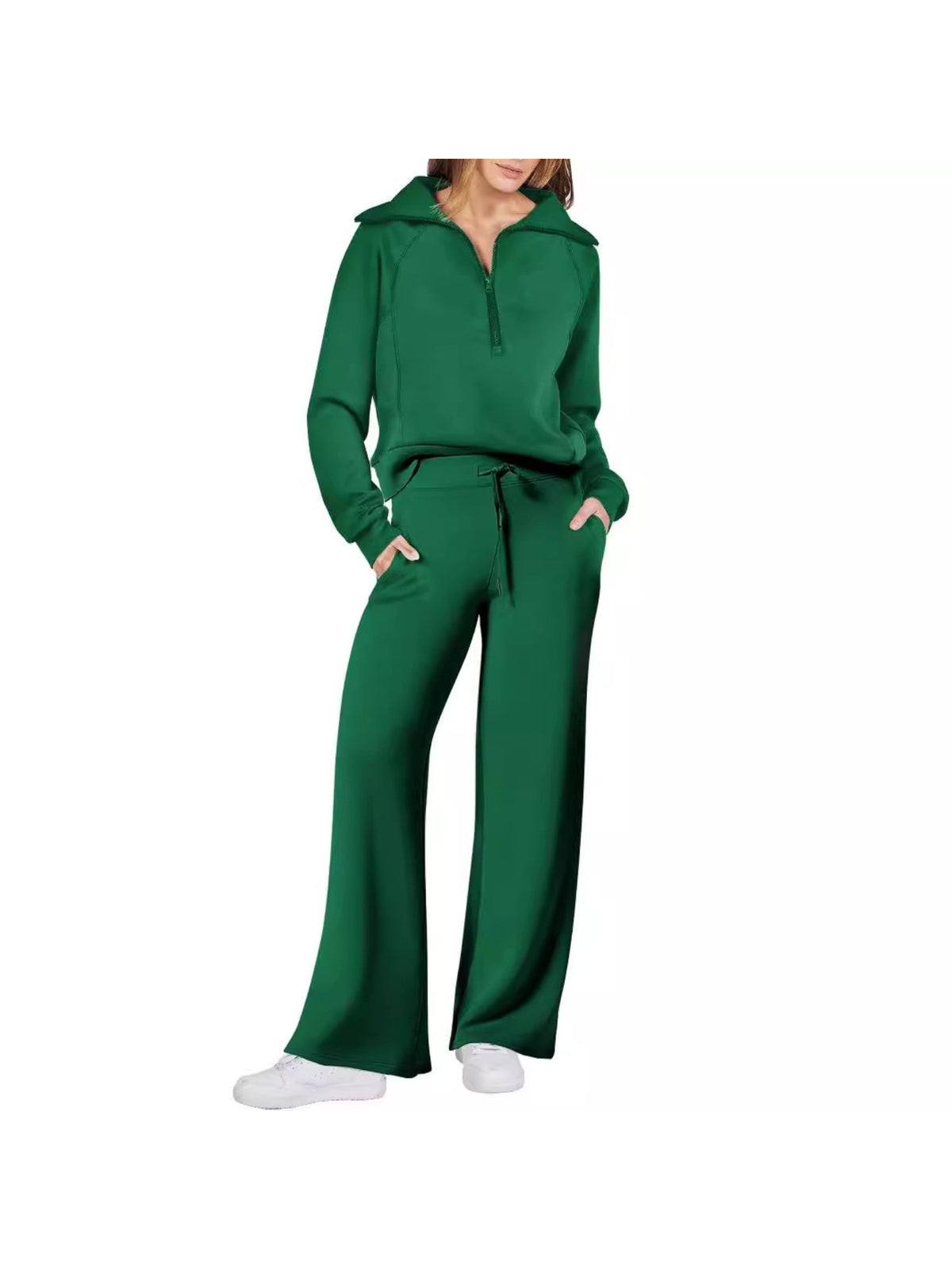Zipper Sweatshirt Wide-Leg Pants 2 Piece Set Women Casual Tracksuit Outfit for Spring Fall - Loose Fit Jogger Co-ord Set