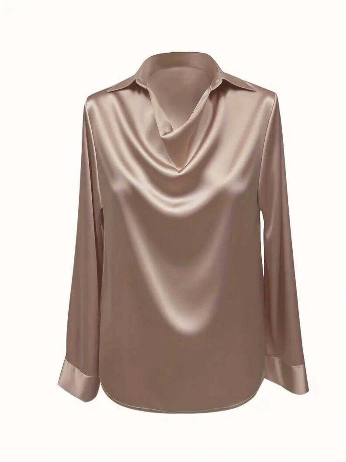 Women's Champagne Cowl-Neck Satin Blouse Silky Lapel Elegant Office Work Business Casual Top Fall Winter
