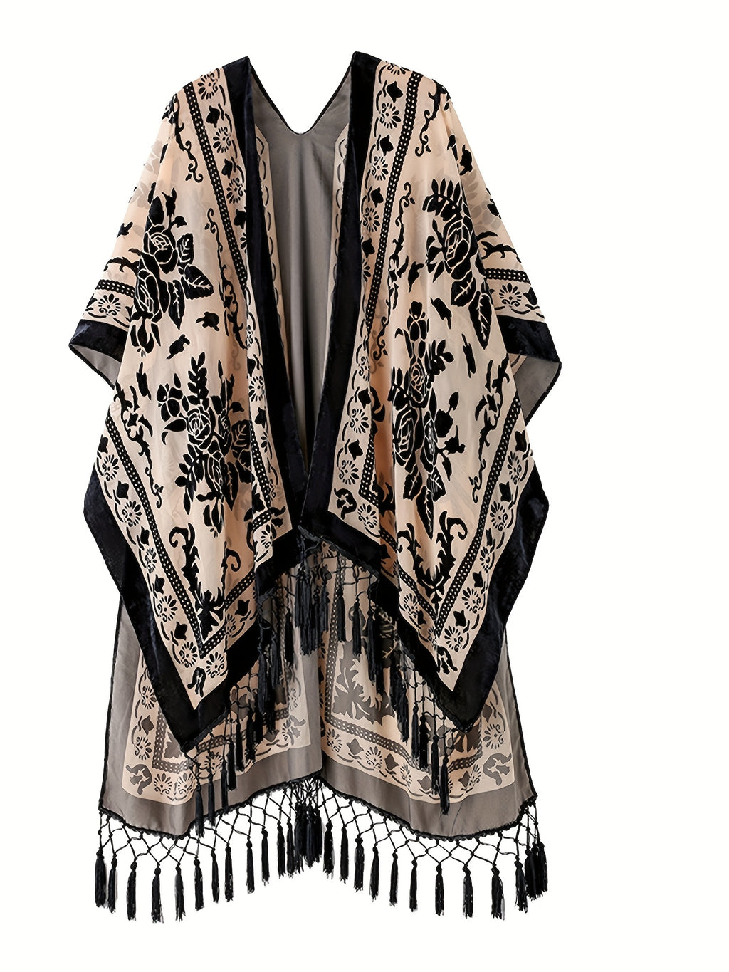 Boho Burnout Velvet Kimono Women Long Cardigan Cover Up Tassel Floral Embroidered One Size