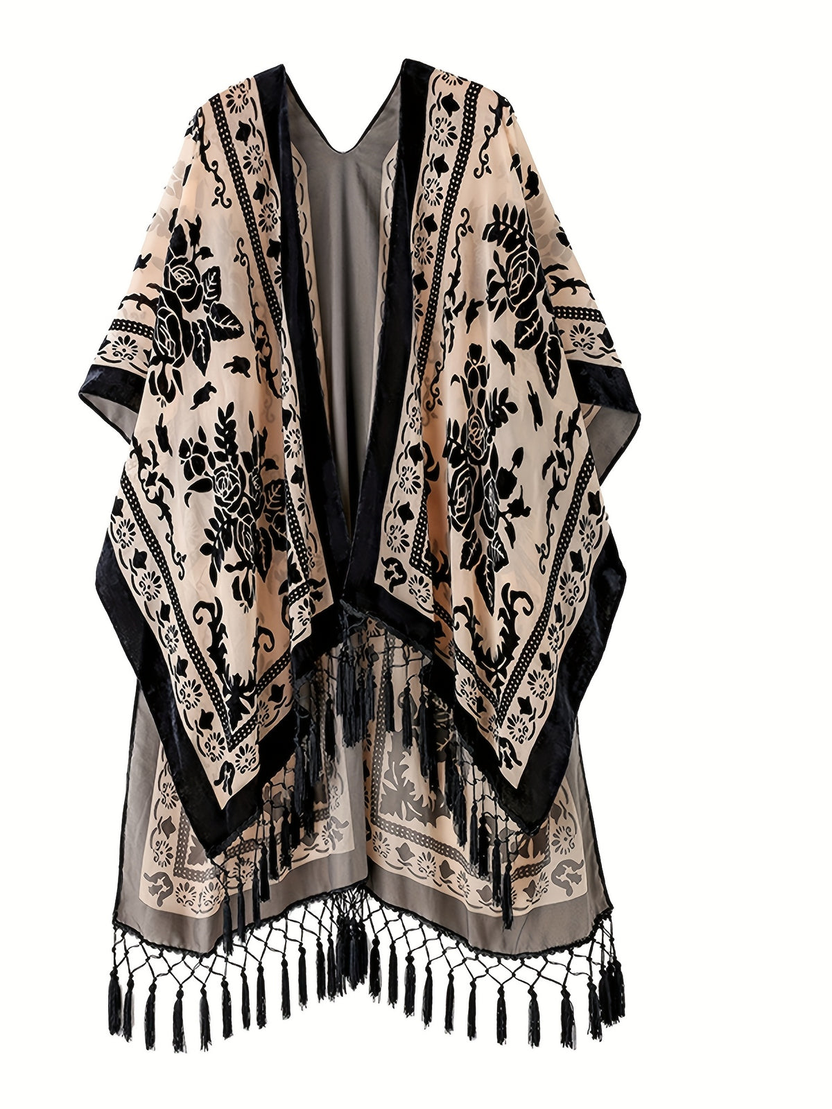 Boho Burnout Velvet Kimono Women Long Cardigan Cover Up Tassel Floral Embroidered One Size