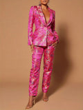 Floral Jacquard Suit Set Women Long Sleeve Satin Blazer and Straight Leg Pants V-Neck Pocket Formal Wedding Guest Red Carpet Outfit Rose Red Brown S-XXL