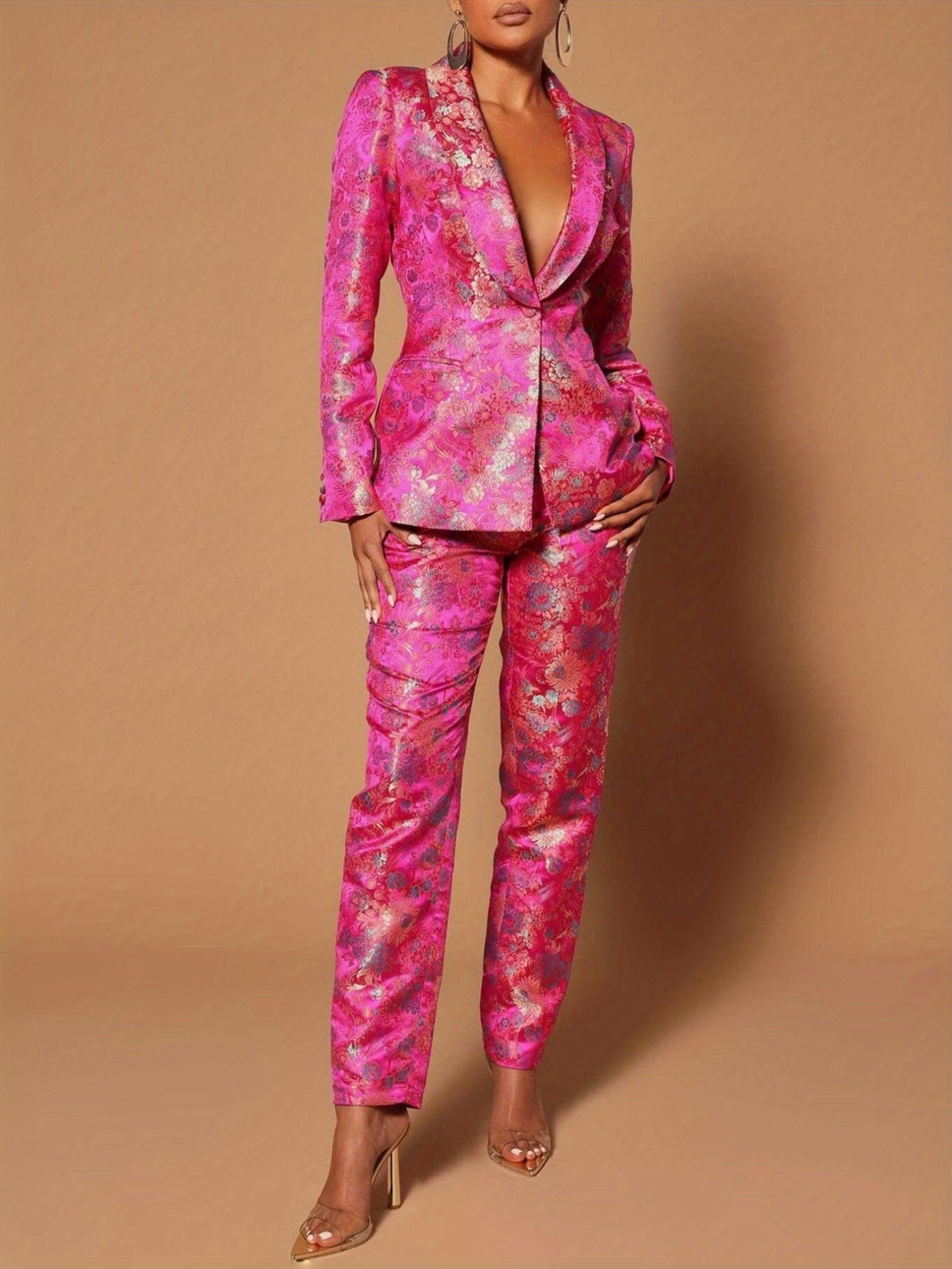 Floral Jacquard Suit Set Women Long Sleeve Satin Blazer and Straight Leg Pants V-Neck Pocket Formal Wedding Guest Red Carpet Outfit Rose Red Brown S-XXL