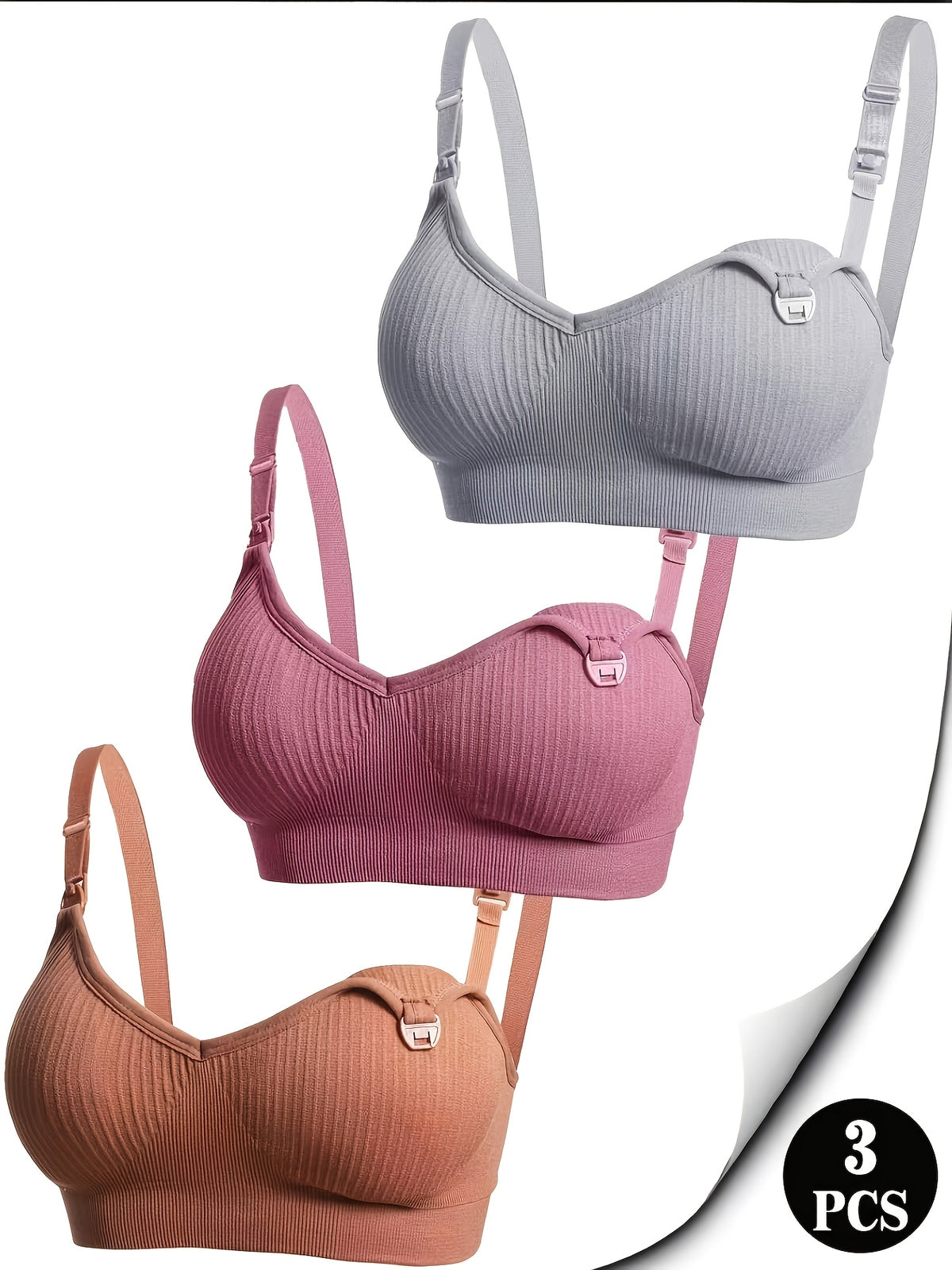 Breastfeeding Bra 3 Pack Postpartum Nursing Open-Button Multi-Color Maternity Underwear with Removable Chest Pads Medium Support