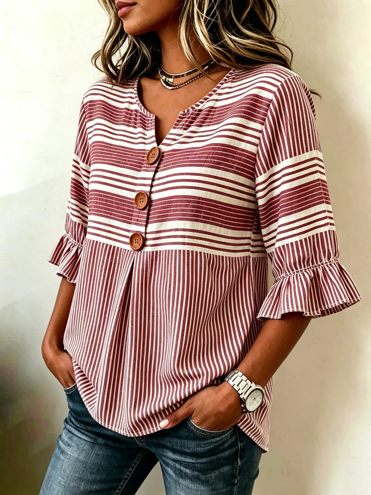 Striped V-Neck Blouse Women Ruffle 3/4 Sleeve Loose Fit Tunic Top Lightweight Linen Button Detail Summer Shirt S-2XL
