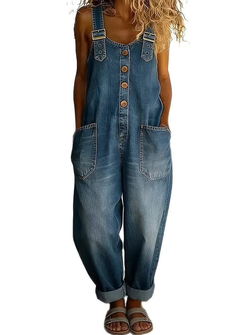 Washed Denim Jumpsuit Women Wide Leg Loose Retro Workwear Sleeveless Single Breasted Pocket Plus Size Solid Color Spring Summer Fall Street Style