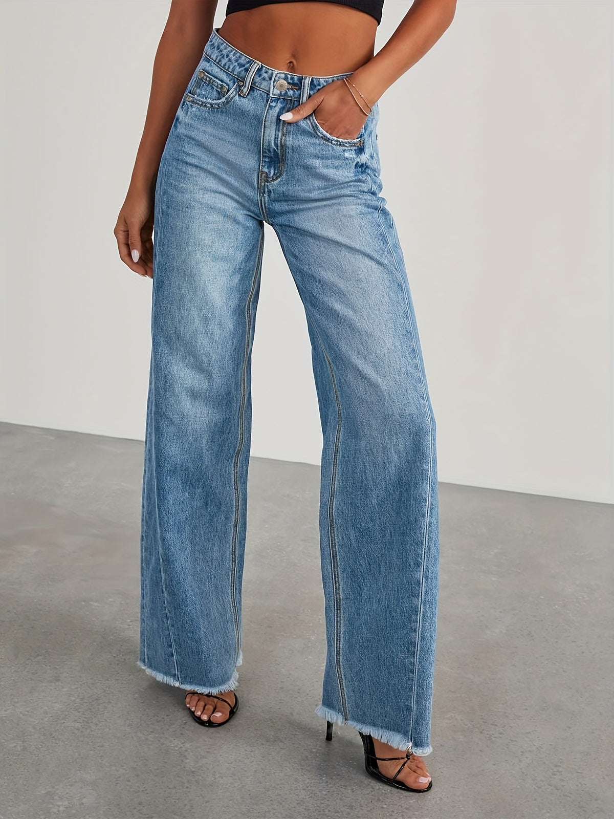 High-Waisted Wide Leg Jeans for Women - Casual Baggy Stretch Denim Pants with Pockets, Relaxed Fit Solid Color Trousers for Everyday & Weekend Wear