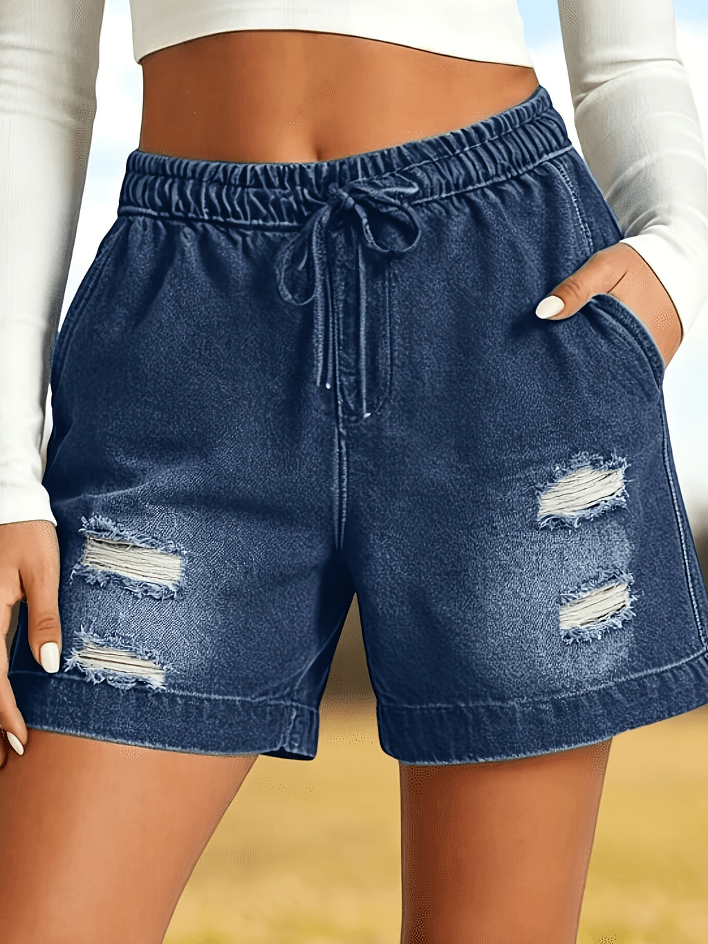 Ripped Denim Shorts Women Elastic Waist Drawstring Loose Casual Summer Pockets 4 Colors S-XXL