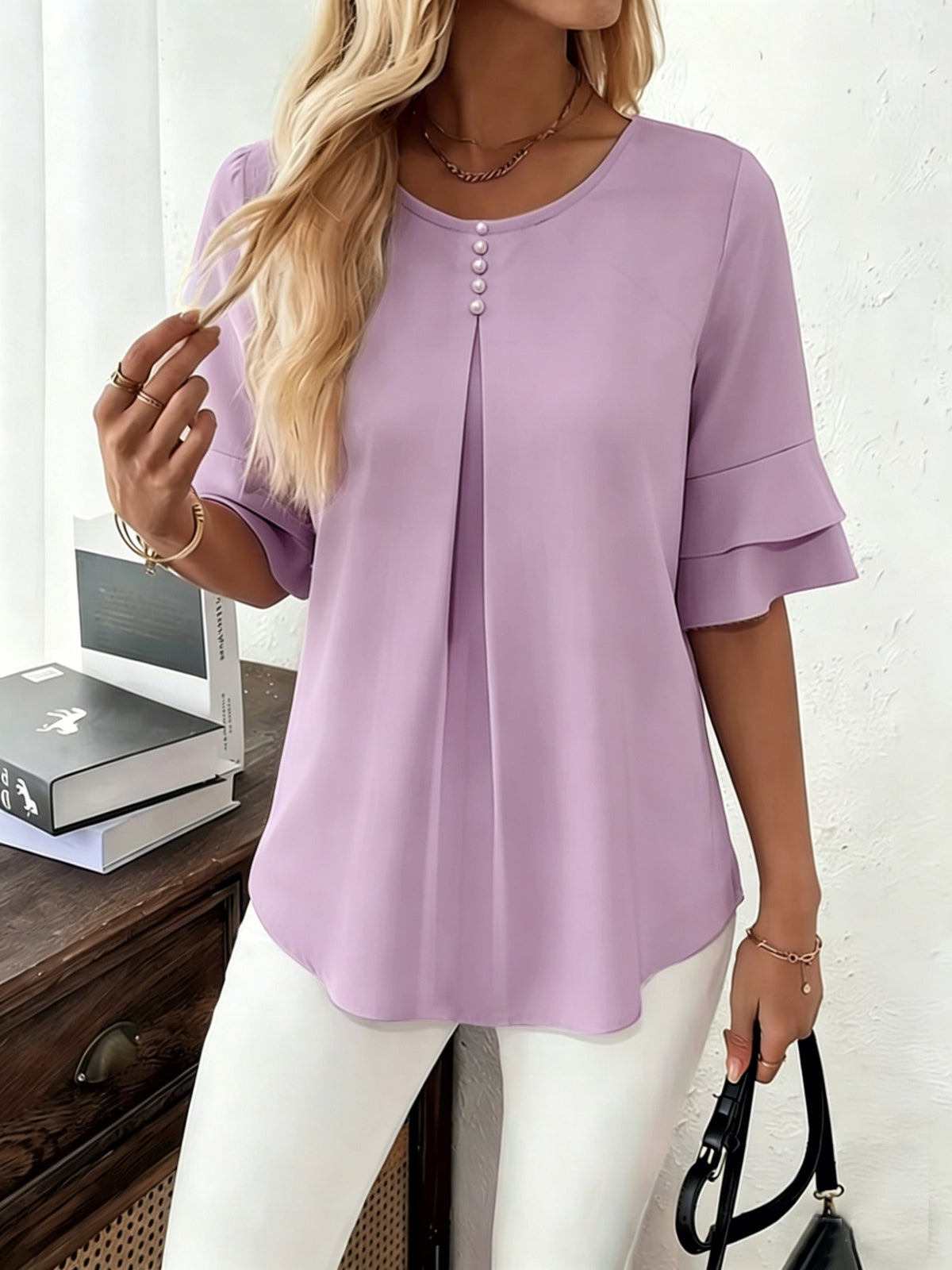 Flared Ruffle Sleeve Round Neck Blouse for Women – Loose Solid Color Button Top with 3/4 Bell Sleeves, Elegant Casual Spring Summer Shirt