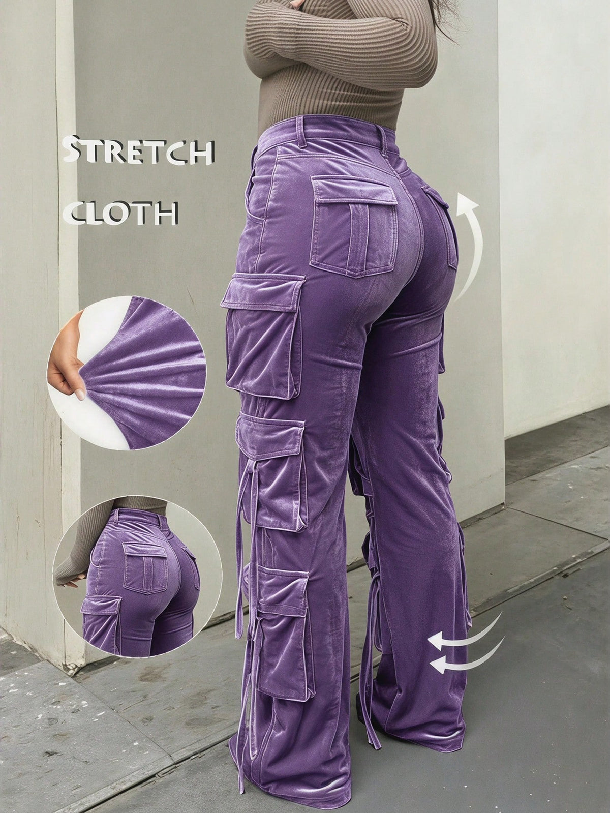 Velvet Cargo Flare Pants Women High Waist Y2K Streetwear Trousers Sexy Night Out Party Outfits Multi Color XS-L