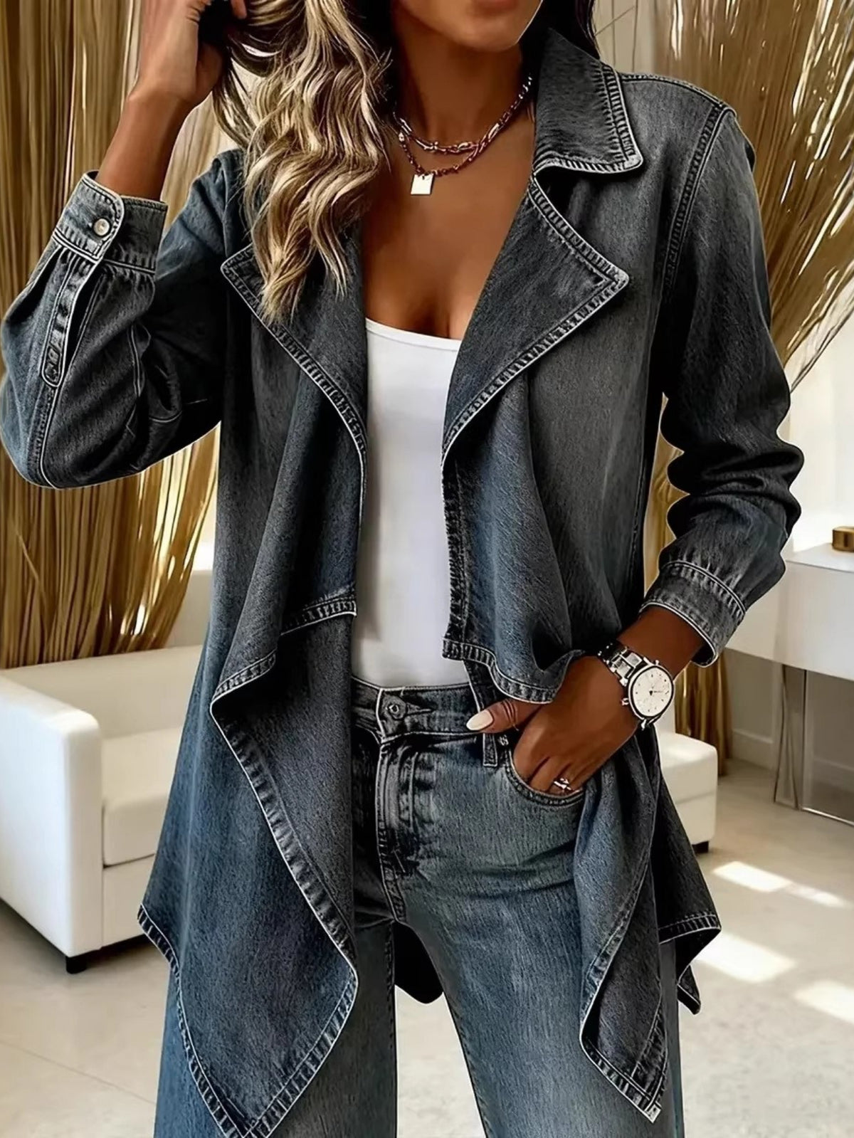 Asymmetric Lapel Irregular Hem Denim Cardigan Women Drapey Blazer Jacket Light Wash Soft Loose Dark Gray Light Blue