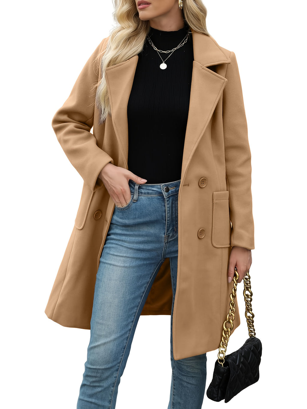 Mid Length Double Breasted Lapel Coat for Women, Suede PU Fabric Lined Winter Overcoat, Elegant Transitional Spring Fall Long Jacket, Classic Chic Women's Trench Coat